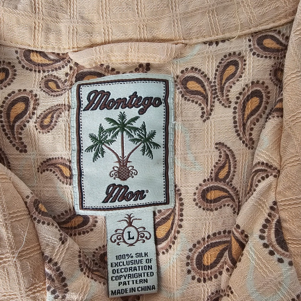 Montego Mon Mens Silk Embroidered Drinks On Me Shirt L Peach Tiki Resort - Picture 4 of 12